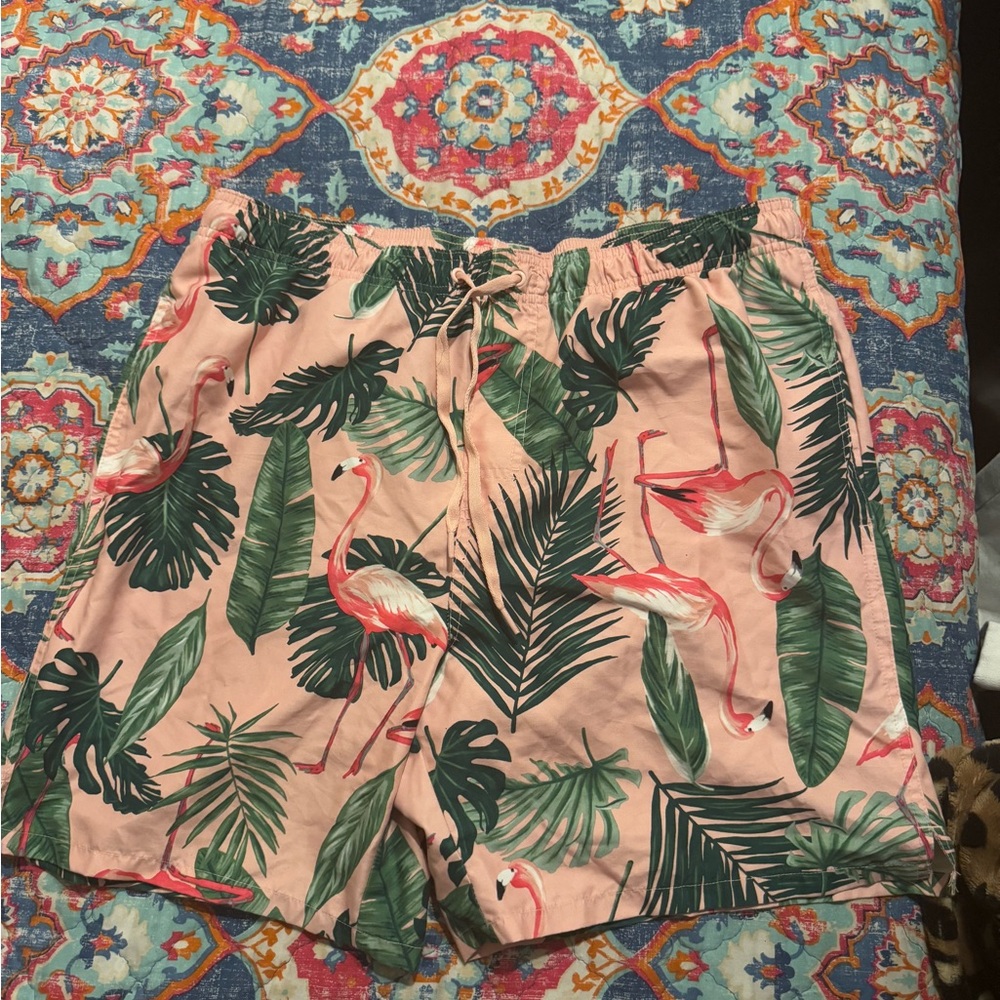Old Navy Pink and Green Swim Shorts with Tropical Palm Leaf & flamingo 🦩Print